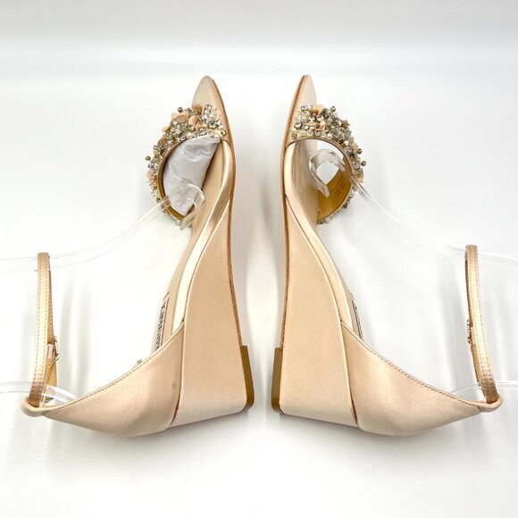 Badgley Mischka Size 7 Teasha Soft Nude Satin Jeweled Wedges Dress Sandals Shoes - Picture 8 of 15